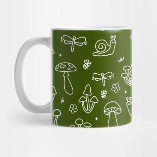 Mushrooms Pattern and Forest Creatures Moss Green Mug